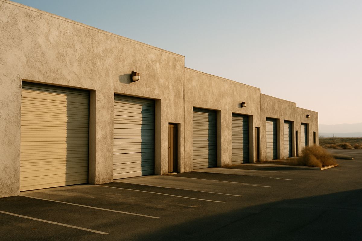 Row of aging small-bay flex industrial units in Las Vegas