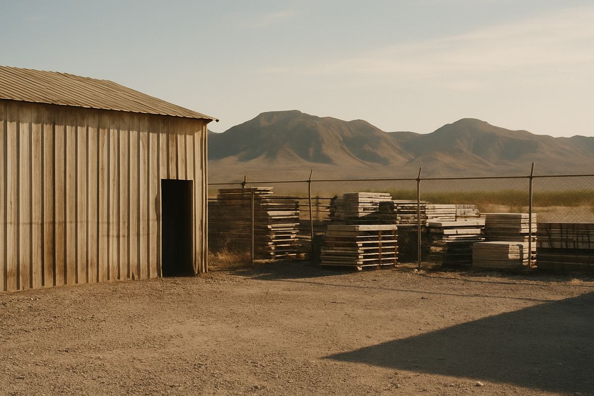Weathered contractor shop building and gravel yard in the Las Vegas valley