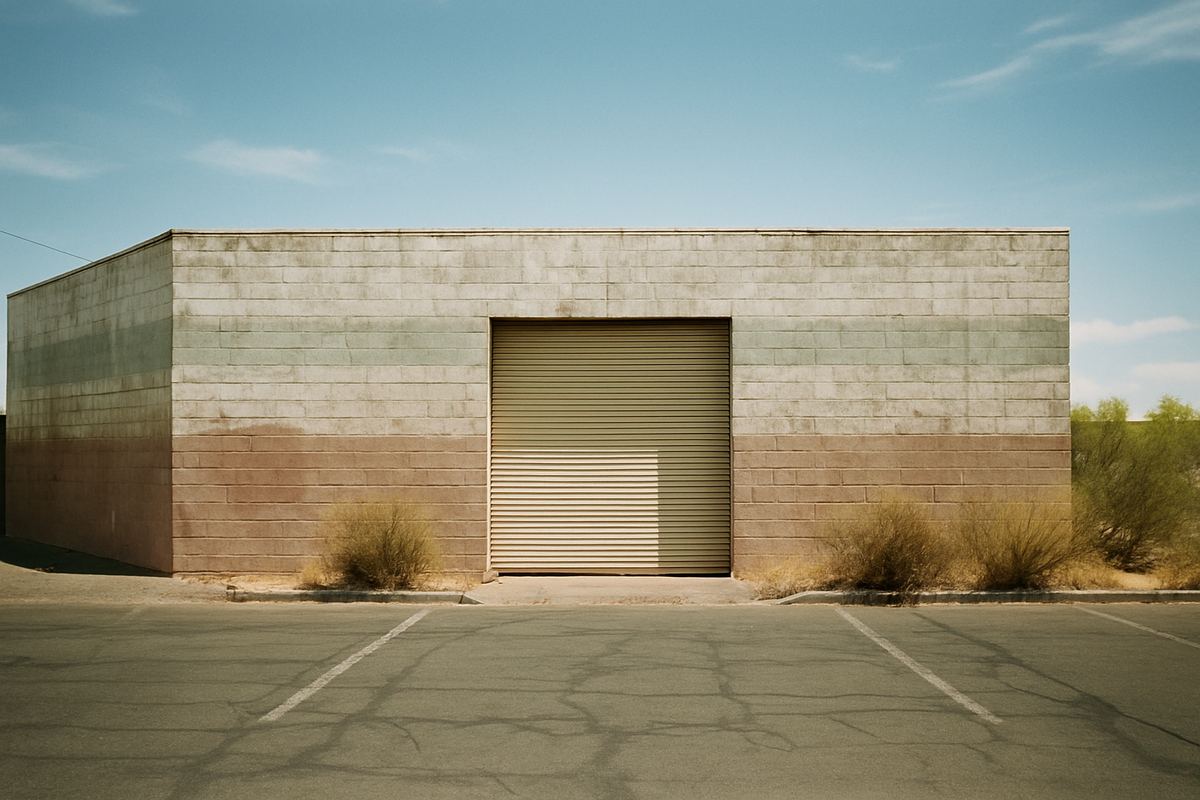 Older block warehouse with a closed roll-up door after the business inside shut down