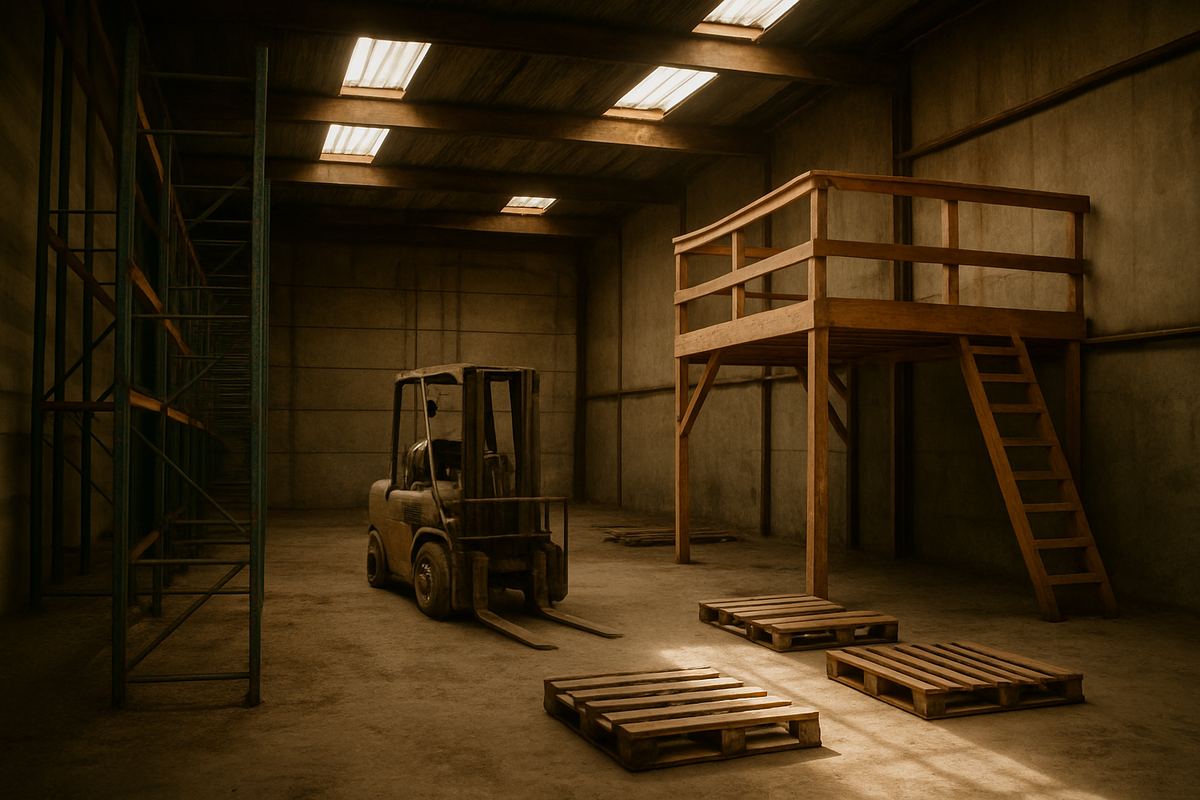 Warehouse interior with leftover racking, a forklift, and a mezzanine left behind at closing