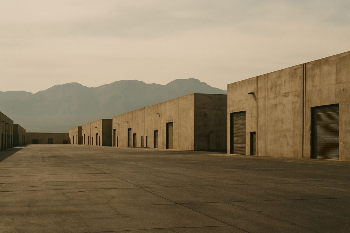 Weathered tilt-up warehouses in a Las Vegas industrial area with mountains behind