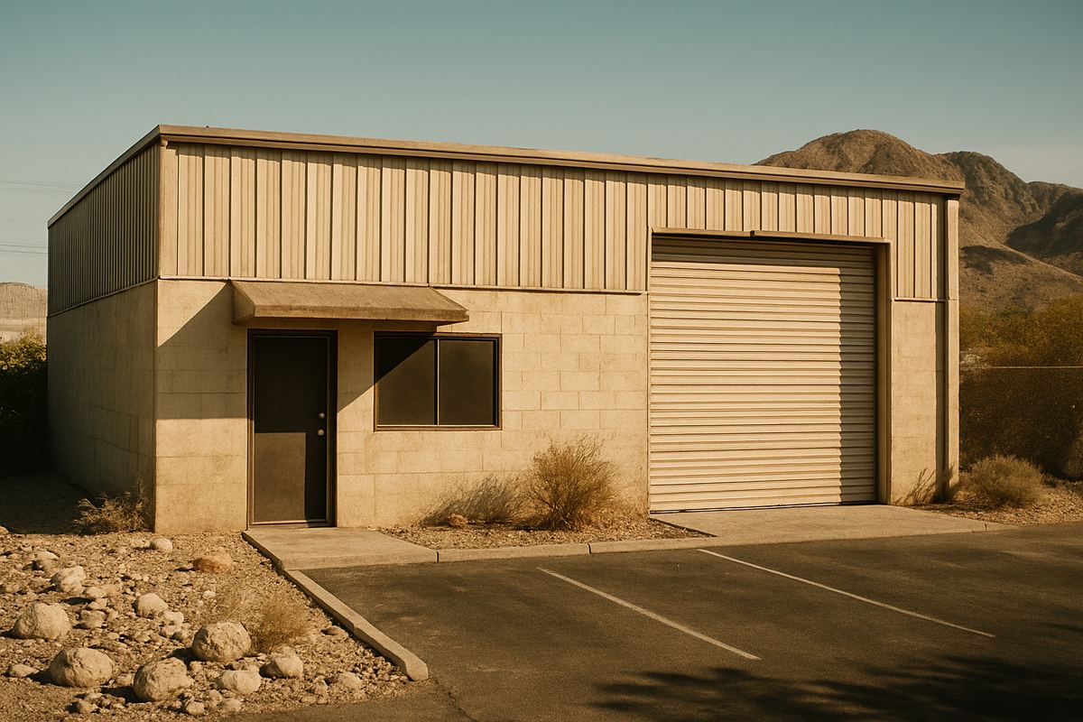 Modest metal and block warehouse with a small office front in Henderson, Nevada