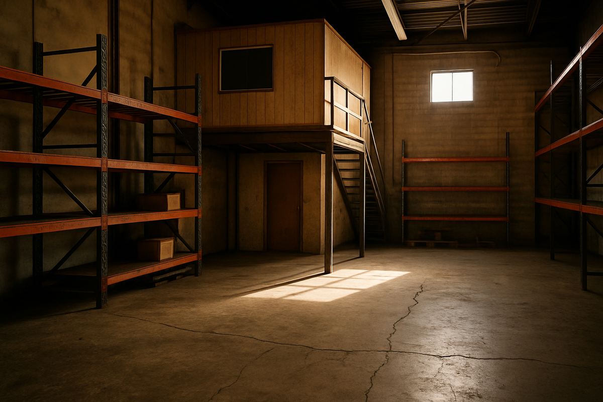 Small family-run Las Vegas warehouse interior with a mezzanine office and cracked slab