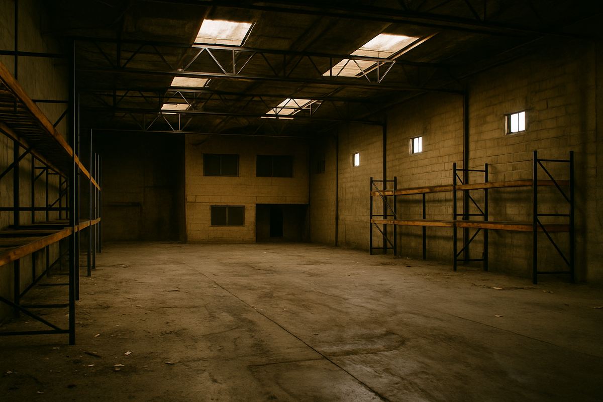 Vacant Las Vegas warehouse interior with leftover racking and dusty slab