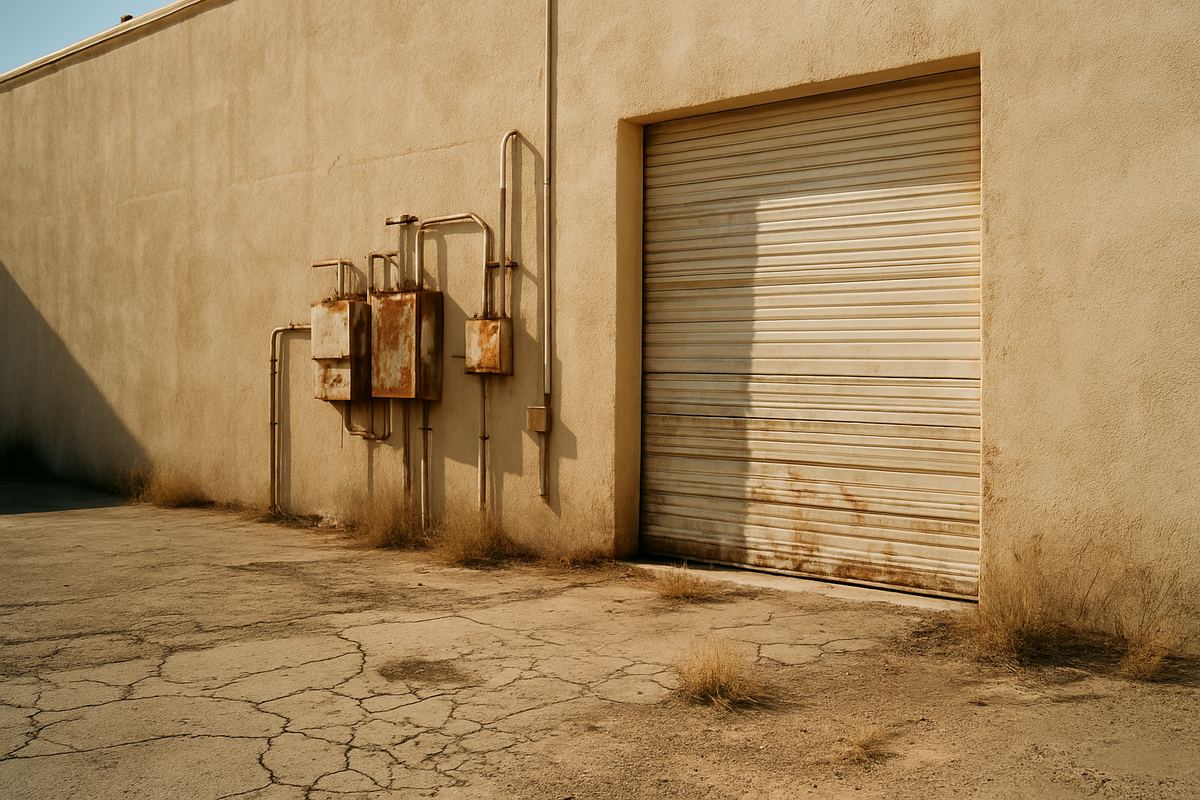 Rear of an aging Las Vegas industrial building with old electrical equipment