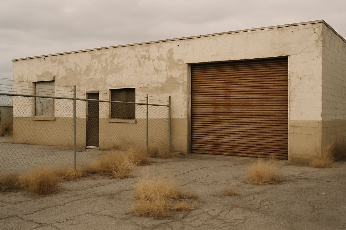 Vacant older industrial building in east Las Vegas behind a chain-link fence with a rusty roll-up door