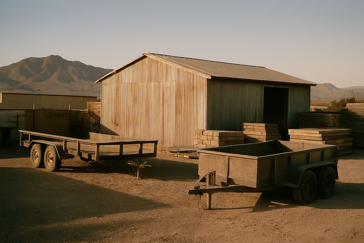 Contractor yard with a weathered metal shop building and idle equipment in North Las Vegas