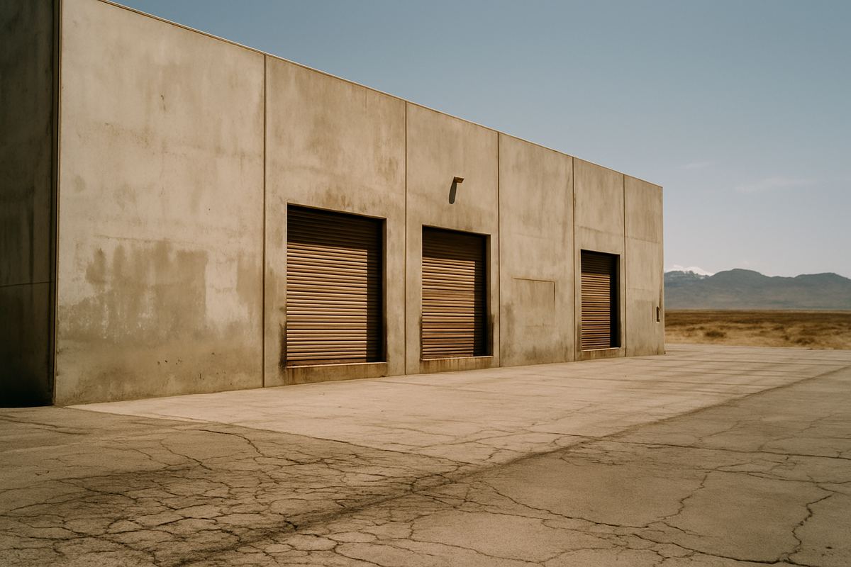 Older tilt-up warehouse in Las Vegas with worn roll-up doors and cracked pavement
