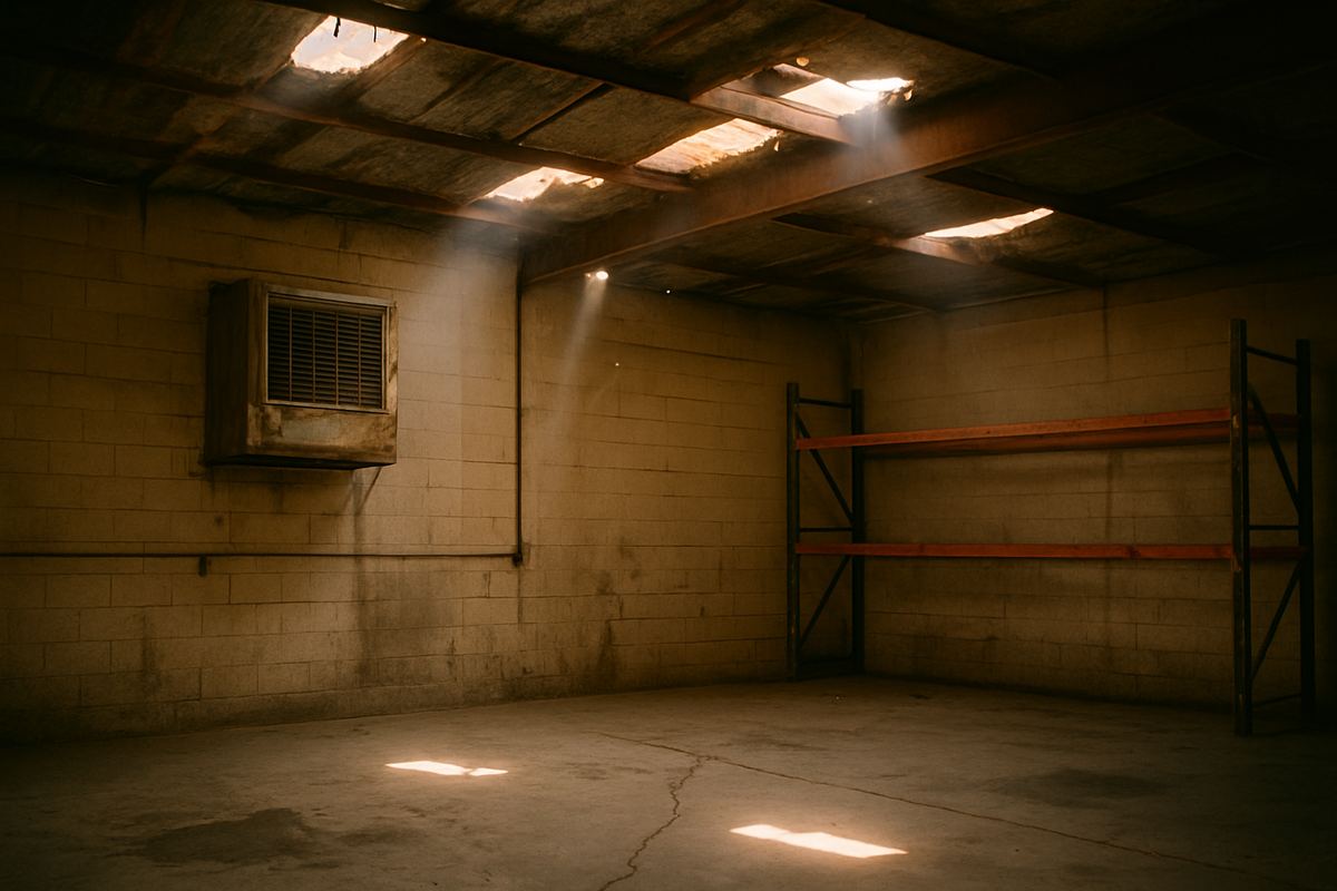 Inside a dated Las Vegas warehouse with cracked slab, old racking and a swamp cooler