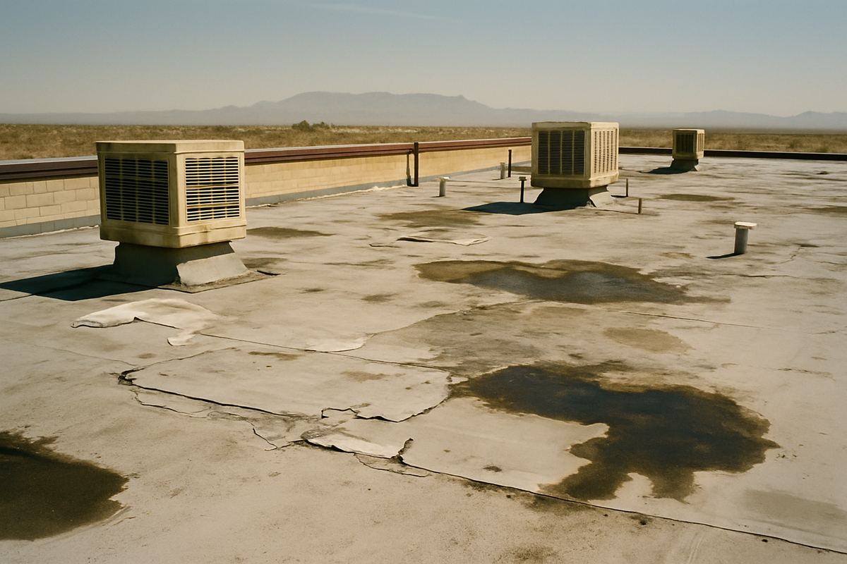 Patched warehouse roof membrane with old evaporative coolers in Las Vegas