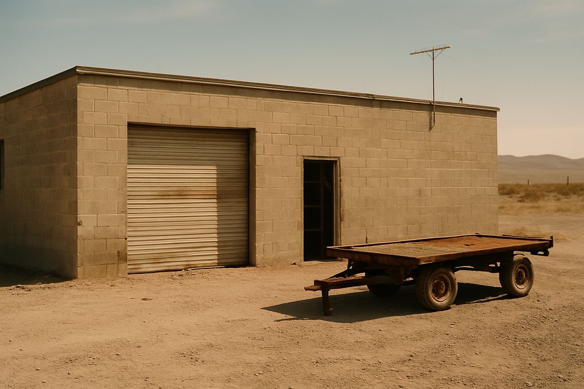 Older block warehouse in Las Vegas with a faded roll-up door and an abandoned trailer in the yard