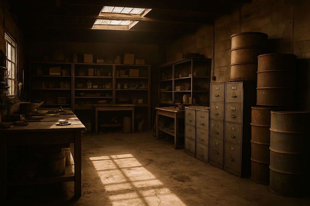 Cluttered interior of an inherited Las Vegas industrial shop with workbenches and old shelving