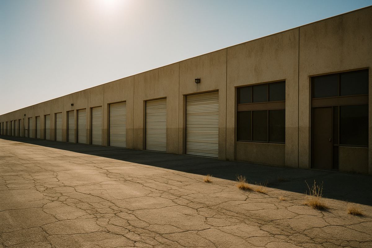 Aging multi-tenant tilt-up flex building in a Las Vegas business park with faded roll-up doors