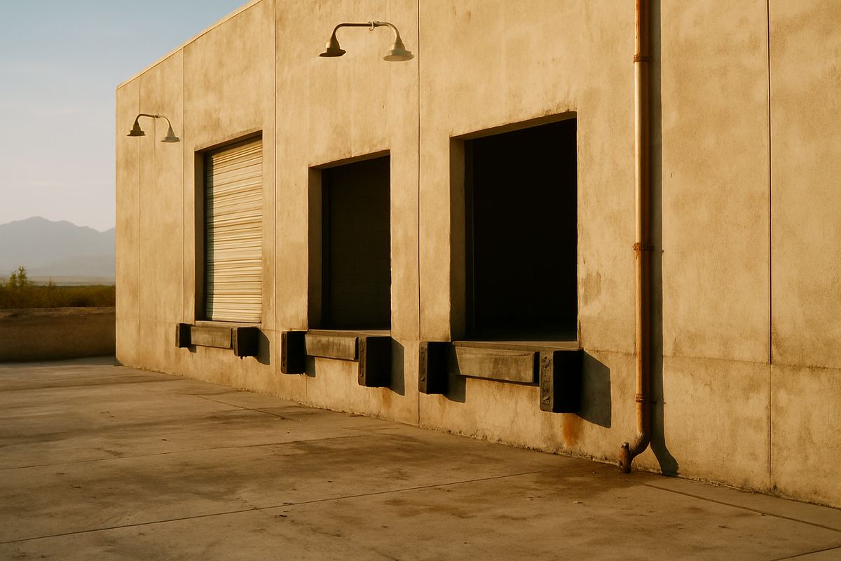 Worn dock-high loading area behind an older distribution warehouse in southwest Las Vegas