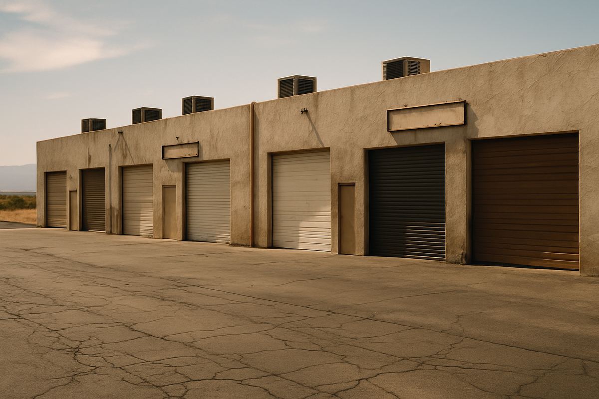 Aging multi-tenant flex building with a vacant unit and rooftop swamp coolers