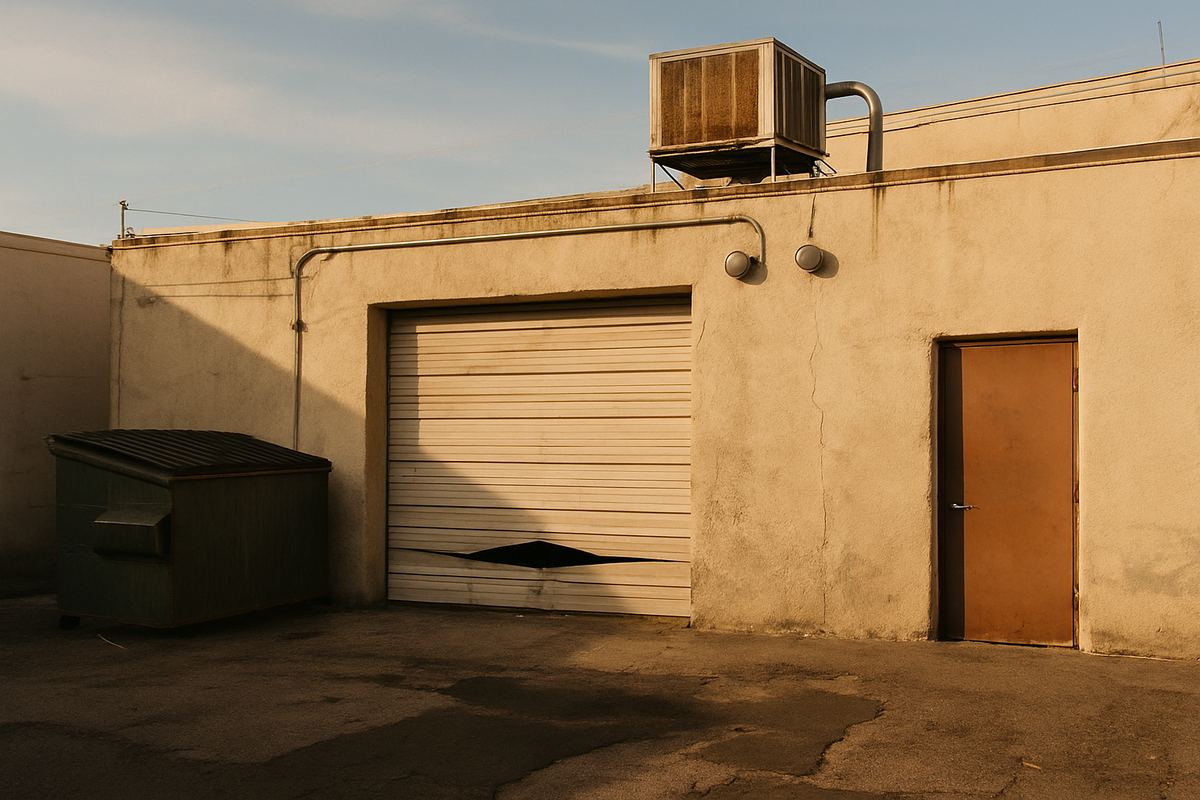 Back alley of a leased warehouse with a damaged roll-up door and worn swamp cooler