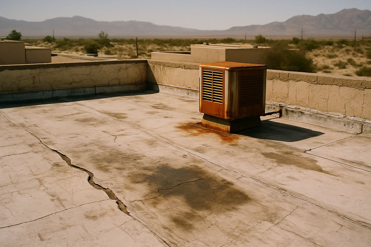 Blistered and patched warehouse roof membrane with a rusted rooftop swamp cooler