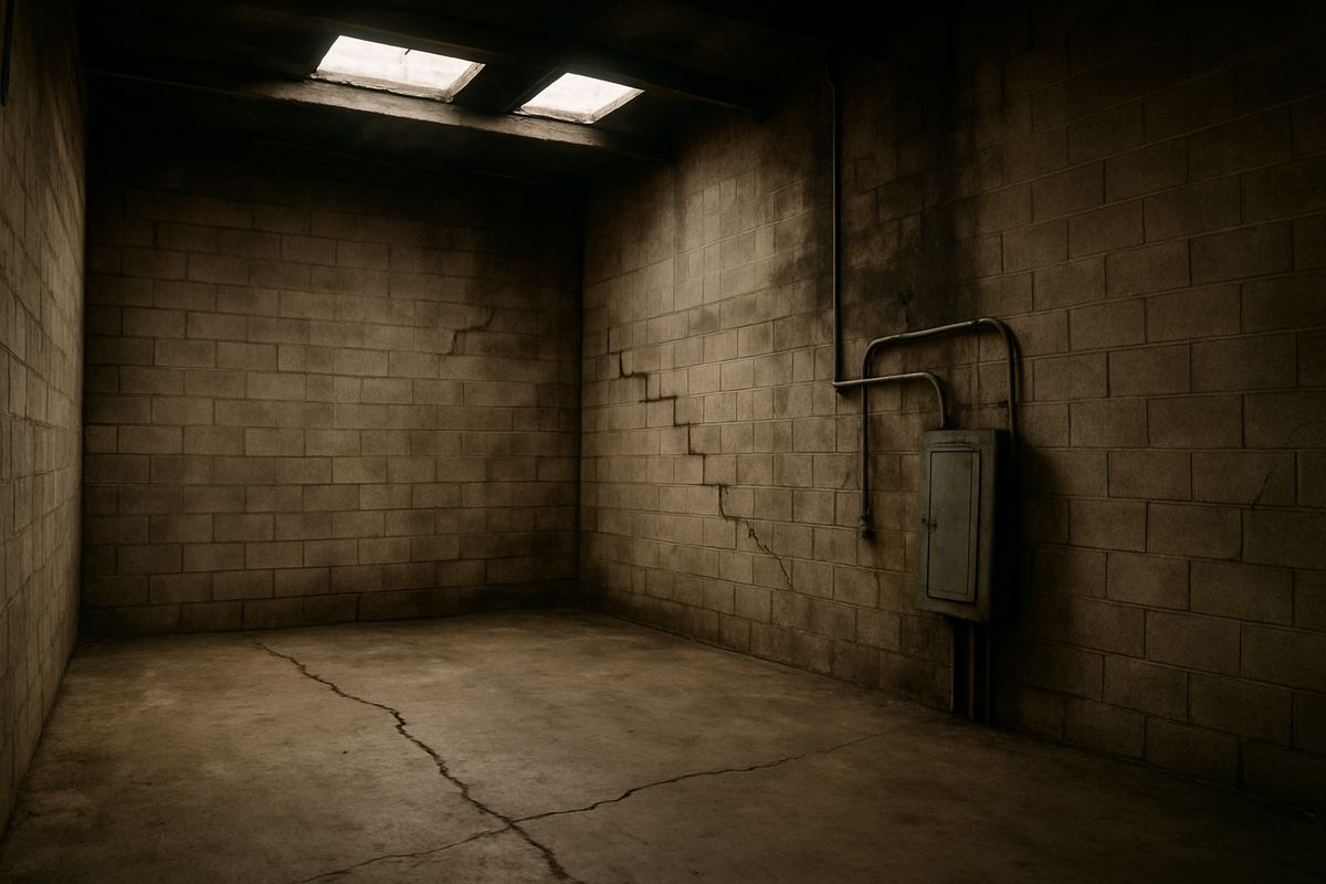 Warehouse interior with a cracked slab, cracked block wall, and an old electrical panel