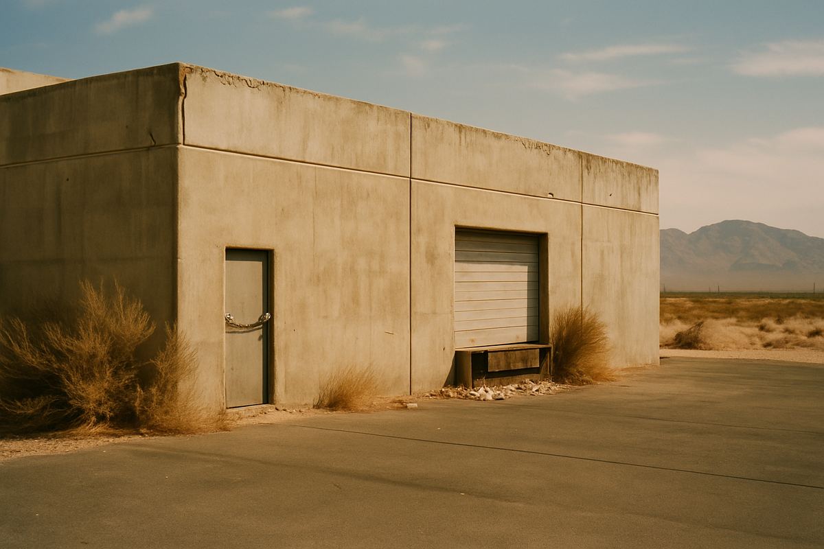 Vacant tilt-up warehouse with a padlocked door after the owner moved away
