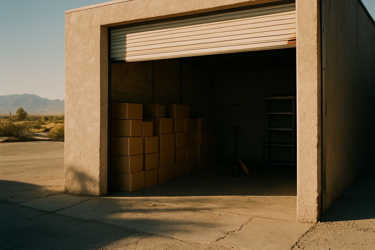 Half-emptied industrial unit with leftover shelving during an owner's move out of Las Vegas