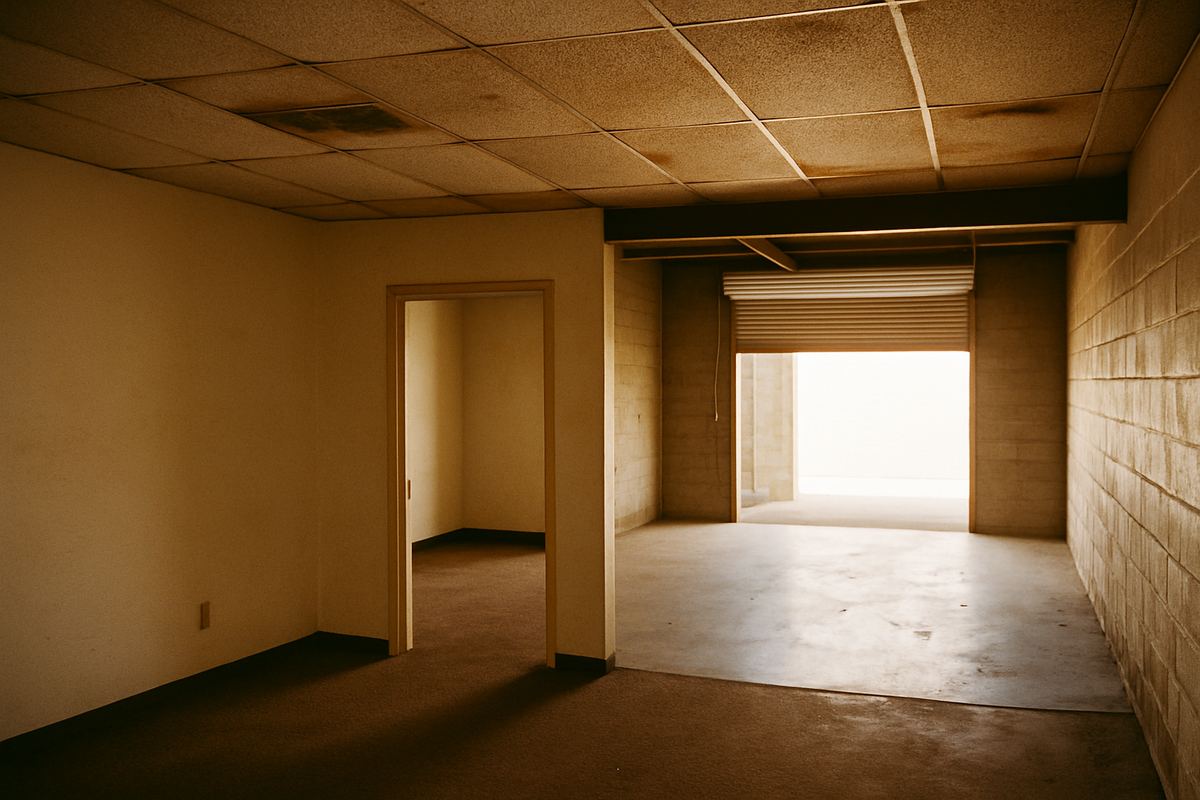 Dated office buildout and empty warehouse bay in an airport-area flex unit