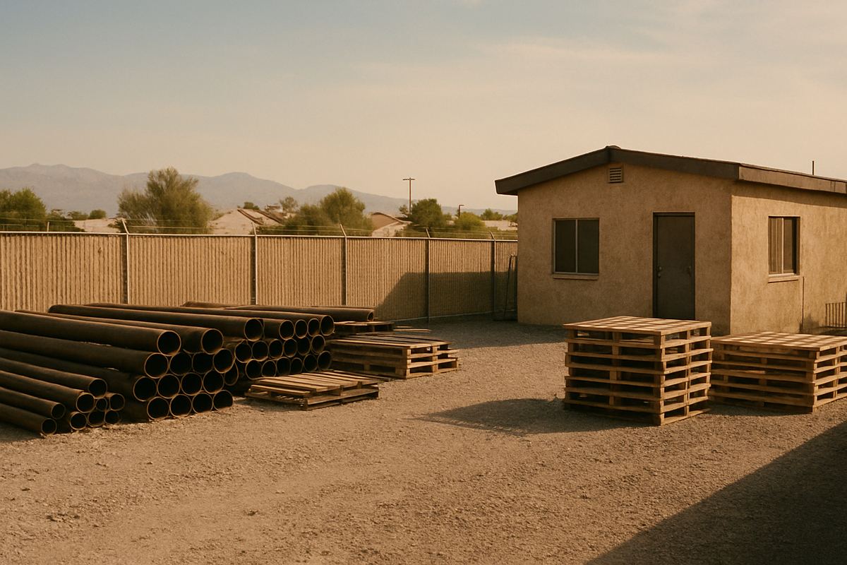 Contractor yard with small office and stacked materials in East Las Vegas