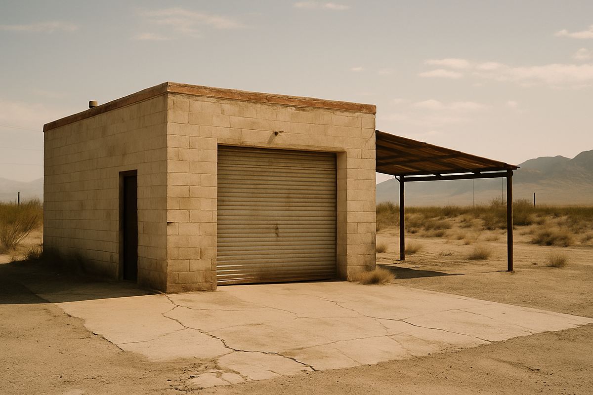 Older block shop with cracked apron and metal carport addition in East Las Vegas