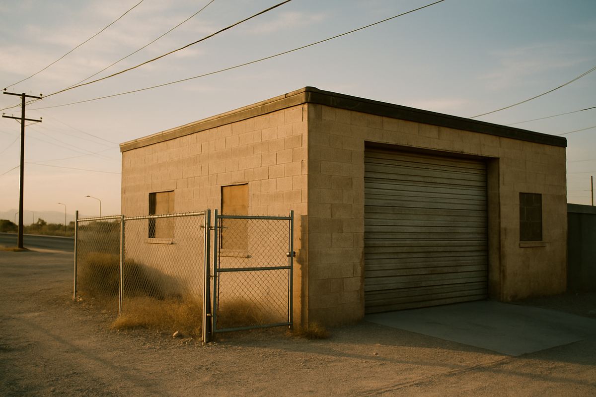 Older block industrial shop with fenced yard in North Las Vegas