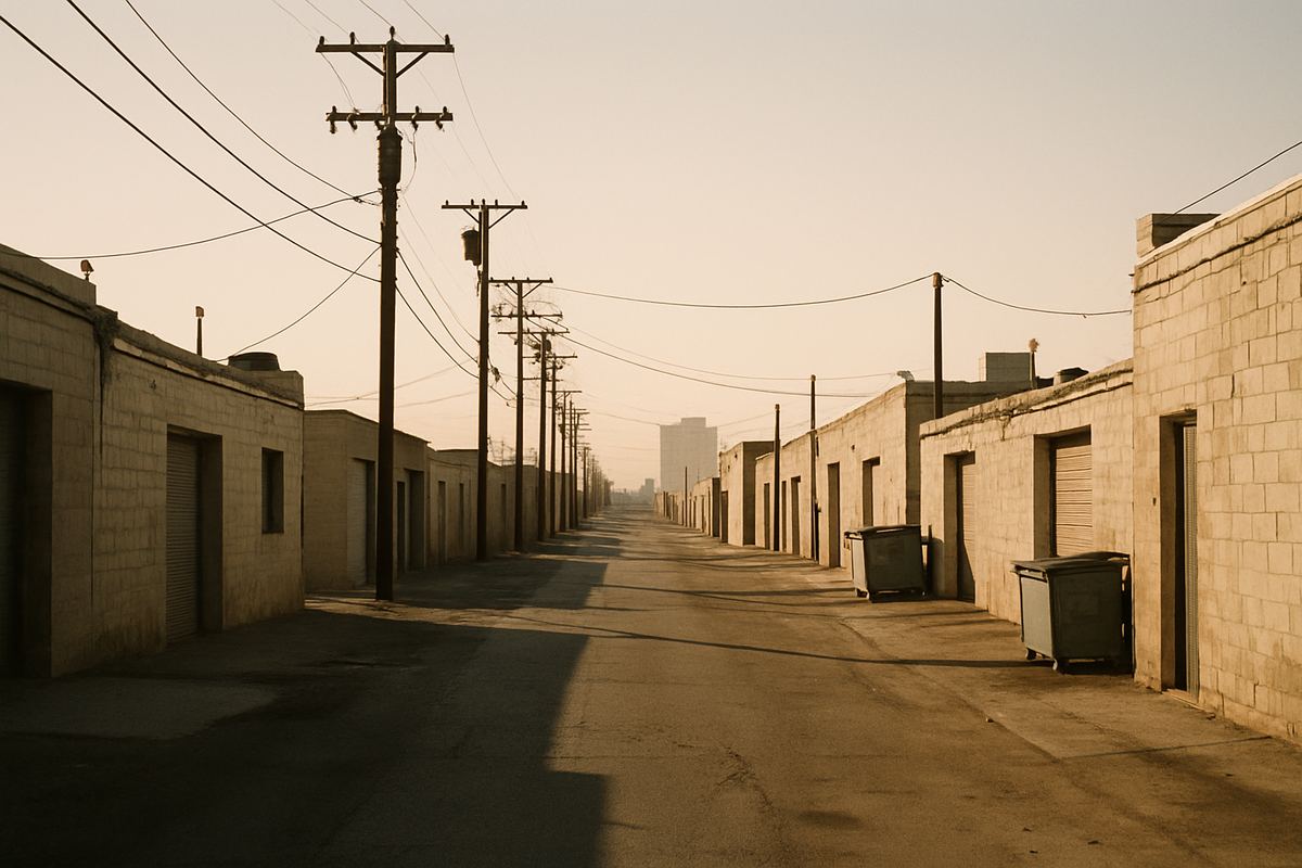 Older block warehouses on a narrow industrial street near the Las Vegas Strip