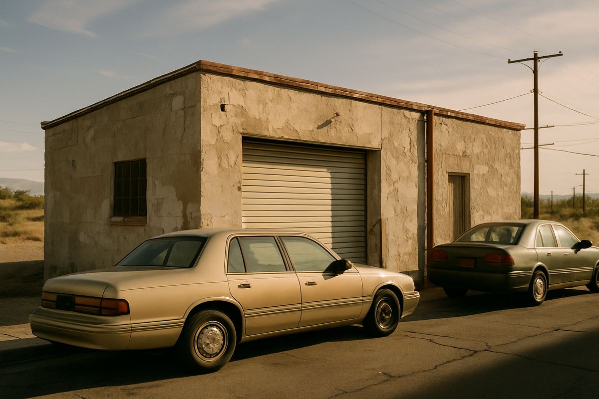 Weathered small warehouse with grade-level door in West Central Las Vegas