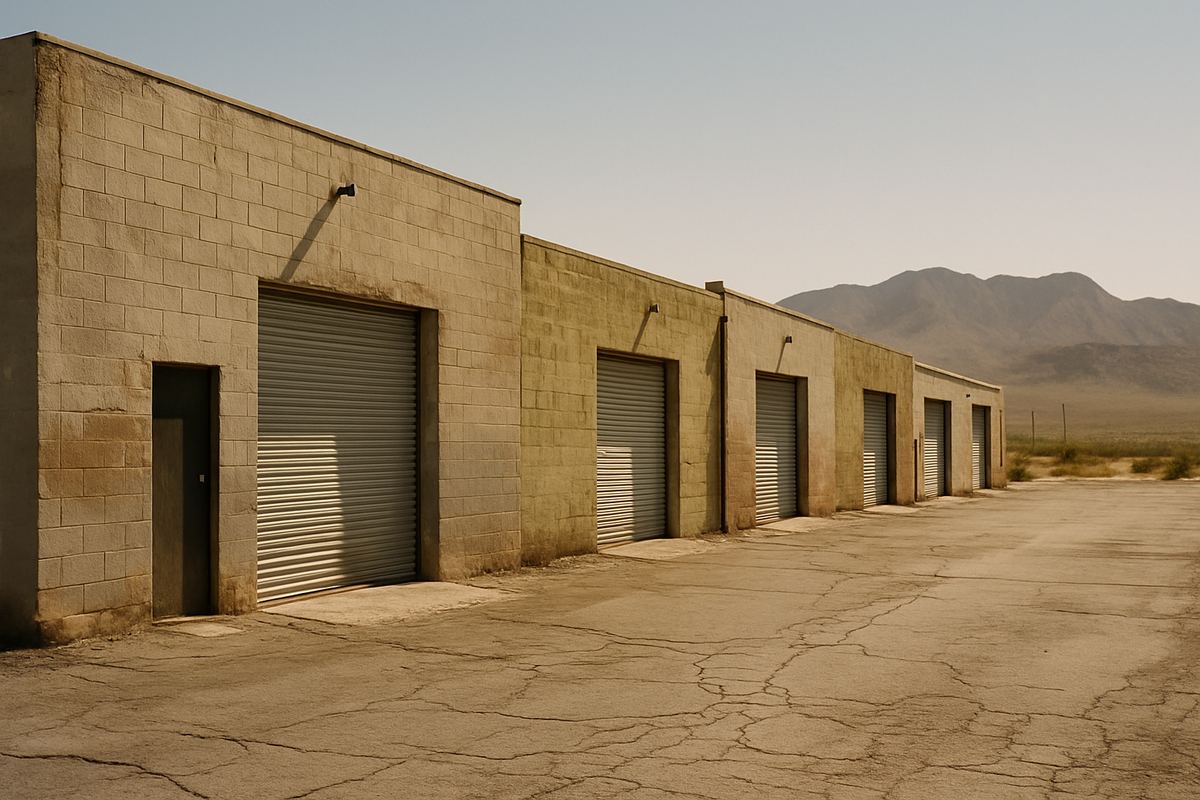 Row of older block warehouses in the Las Vegas valley with roll-up doors and cracked asphalt