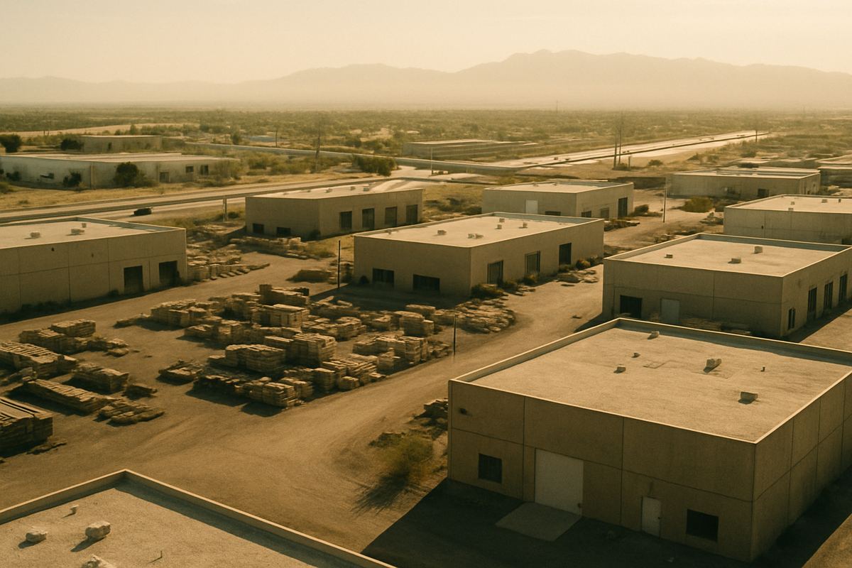 Mixed industrial district in the Las Vegas valley with tilt-up buildings and gravel yards