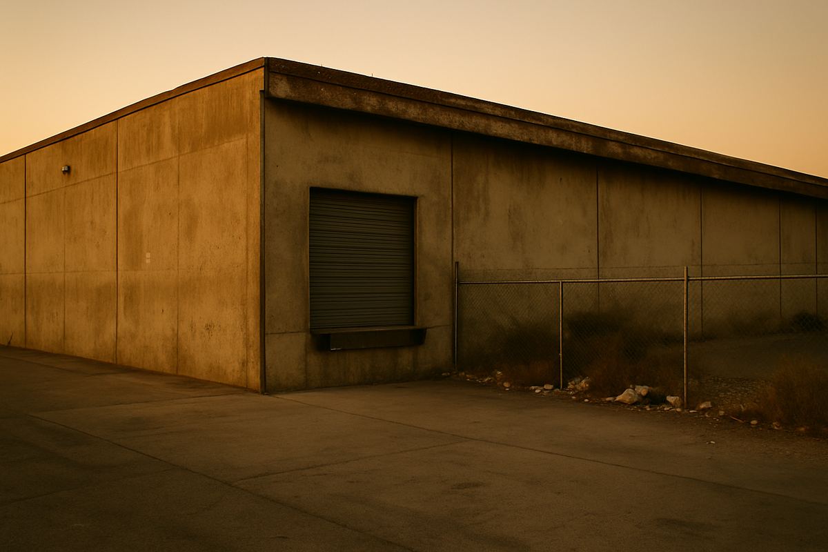 Neglected tilt-up warehouse in Las Vegas with stained walls and an empty truck court