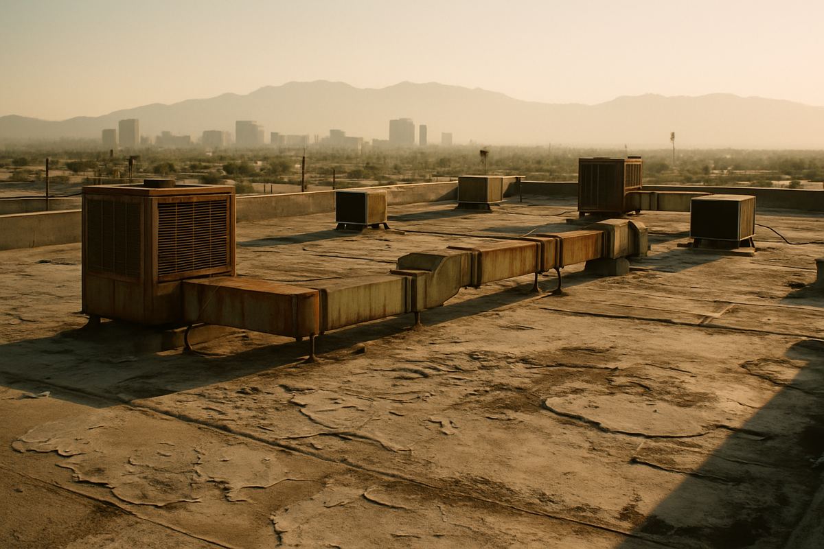 Patched, blistered warehouse roof membrane with old evaporative coolers in Las Vegas