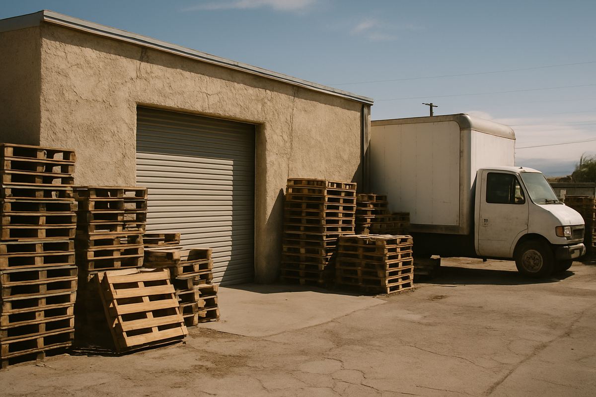 Cramped older warehouse with a single roll-up door and pallets crowding the yard
