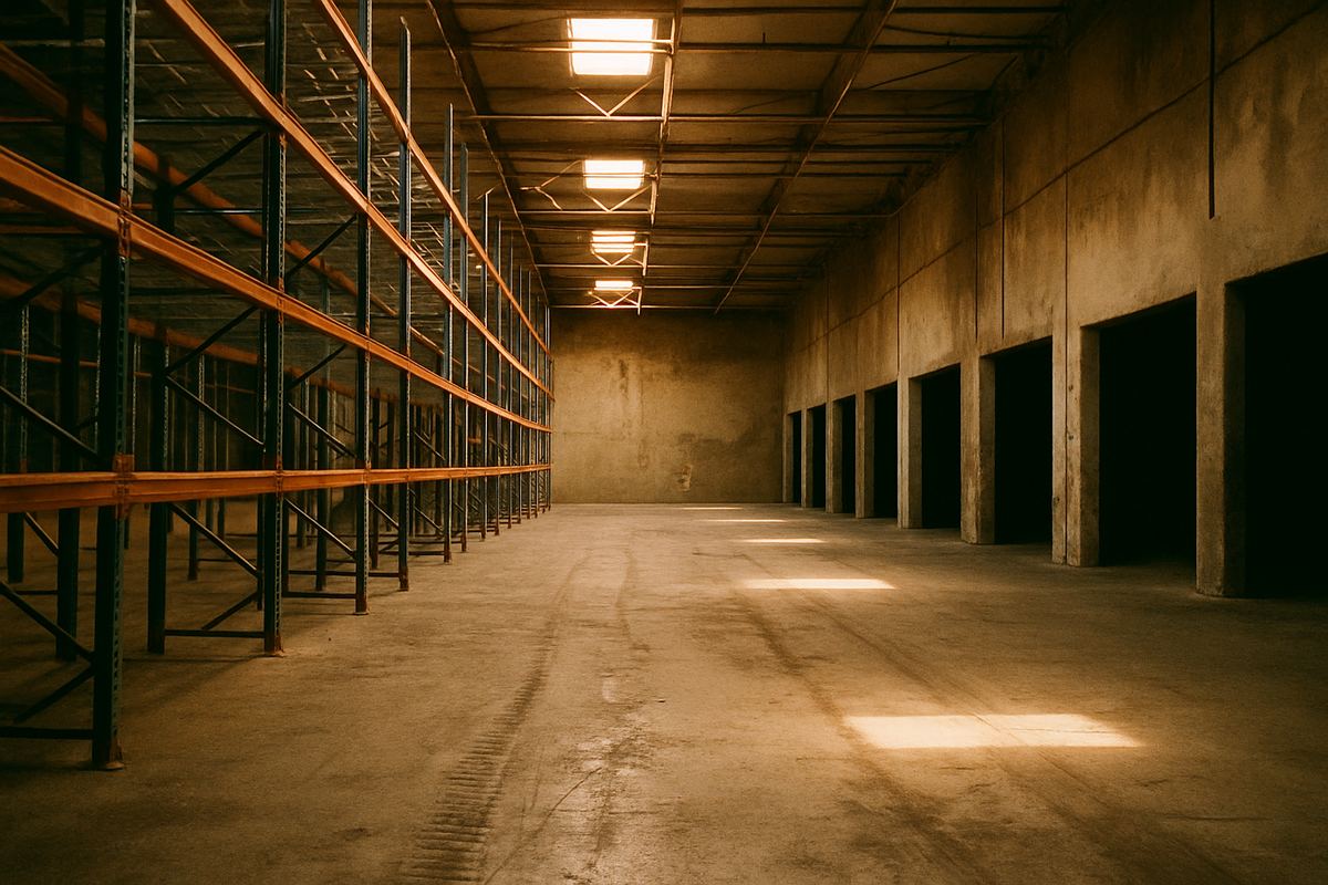 Half-empty warehouse interior with unused bays after a business downsized