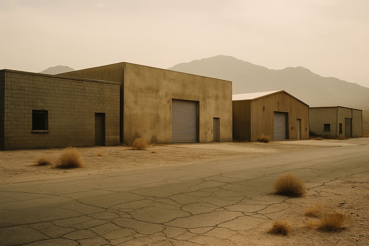 Row of aging Las Vegas warehouses of different types and ages