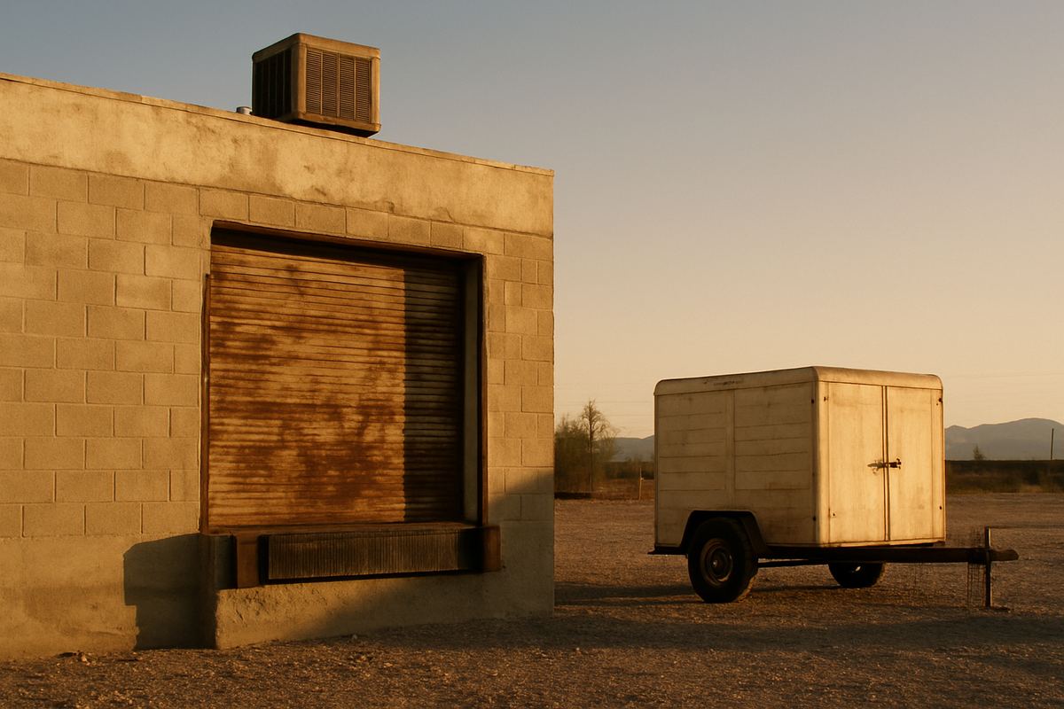 Weathered warehouse corner with a rusted dock door and a gravel yard